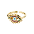 Macro detail of golden evil eye ring with colorful zircon stones and adjustable band - Evil Eye Style 2