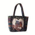 Black canvas tote bag with colorful owl embroidery and heart-shaped pattern - Heart Owl