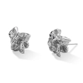 Minimalist silver stud earrings with irregular lava texture and metallic finish on white back - White Gold