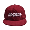 Detailed front view of deep burgundy corduroy baseball cap with white mama embroidery - One Size(Adjustable) / Burgundy