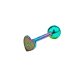 Rainbow barbell tongue ring with sparkling gold glitter heart and screw ball finish - Frosted Rainbow Heart