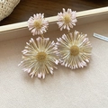 Pink and gold floral tassel earrings with double-layer daisy design on a white textured tray - 75# Silver Earring Post - Light Pink - Flower