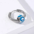 Silver stainless steel hoop earring featuring a single blue glass evil eye charm - Steel-Teal