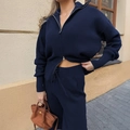 Elegant navy blue long sleeve knitted tracksuit with zip jacket and matching trousers - S / Navy Blue