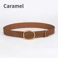 Chic caramel suede leather waist belt with vintage gold oval buckle for women - Caramel color
