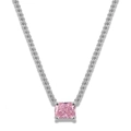 Close-up of a silver tennis necklace featuring a large emerald-cut pink zircon pendant - Pink Rectangle