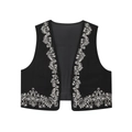 Gilet noir pour femme avec broderie vintage blanche et col montant chic - S / Noir