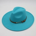 Close-up of a blue wide brim fedora hat with a brown leather belt and silver buckle - Lake Blue (Heart Buckle)