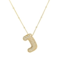 Macro detail of gold-plated puffy letter J pendant encrusted with sparkling zircon stones - Letter J (Pendant + Bead Chain)