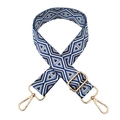 Detail of geometric diamond pattern shoulder strap with premium gold metal swivel hooks - Beige Royal Blue Triangle
