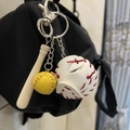 Baseball keychain set featuring wooden bat, yellow ball and white glove on a bag - 2CM Yellow Ball Long Bat White Glove Red Strap