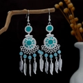 Bohemian silver feather tassel earrings with turquoise beads and leaf charms - Turquoise Blue(E4484)