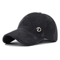 Detail of grey corduroy baseball cap featuring a sparkling rhinestone letter D decoration - Corduroy Rhinestone D Decoration / Gray