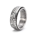 Macro side view of silver titanium steel ring with honeycomb hammer texture and black groove - US 7 / Antique Silver