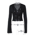 Close-up of black slim fit crop top featuring delicate lace trim and button detail - S / Black