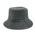 Detailed view of washed dark grey denim bucket hat with metal eyelets and stitched brim - Dark Green