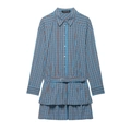 Blue and brown plaid long sleeve dress with waist belt and layered ruffle hem - XS / Plaid