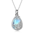 Collar de gota plateado con motivos huecos de mariposa y flor y colgante de piedra lunar - Oro blanco