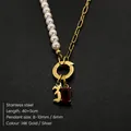 14K gold plated stainless steel pearl necklace with gothic Z letter and red stone charm - Gothic Letter Z