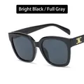 Retro square sunglasses in bright black frame with grey lenses and gold logo - Bright Black / Gray