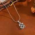 Silver snake chain necklace with a black and white checkerboard zircon pendant - Silver Black Checkerboard White Zirconia