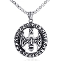 Silver vintage Viking necklace with round Runic pendant and durable box chain - Runes Alphabet Anchor Plate