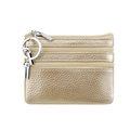 Champagne gold genuine leather coin purse with triple zipper pockets and keychain - Champagne