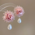 Macro detail of pink fabric rose earring with crystal beads and teardrop pearl - Pink Satin Rose Waterdrop Pearl (68# Silver Needle)