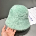 Mint green plush faux rabbit fur bucket hat with a soft texture for winter warmth - Adjustable / Green