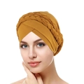 Ginger yellow Muslim turban cap with braided twist design for women in milk silk fabric - Turmeric