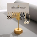 5-piece gold earring set with checkerboard hearts, pearls and resin hoops on display - Checkerboard Pearl Combo (15)