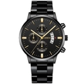 Business men's black quartz watch with stainless steel band and golden indices - Black Case Black Band Gold Black Dial