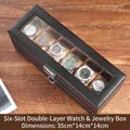 Doppelschichtige Uhrenbox aus Kohlefaser mit 6 Fächern und Sichtfenster, 35x14x14cm - W59C-Schwarze Kohlefaser / 6 Slots Doppelbett