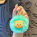 Cute mint green fluffy plush bear keychain with golden ring and cartoon pendant - Blue