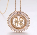 18k Gold Plated Round Necklace Pendant featuring Boy and Girl motifs with White Zircon stones - 1 Boy 1 Girl (NA03-2)