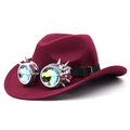 Detail of burgundy steampunk fedora with spiked metallic goggles and colorful lenses - Burgundy