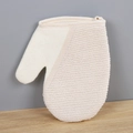 Beige double-sided exfoliating shower glove with thumb compartment and hanging loop - Jute Dot + Terry Cloth Glove (21x17 CM)