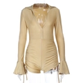 Close-up of shimmer fabric texture with drawstring side ruching on long sleeve bodysuit - XS / Khaki
