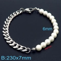 Pulsera de eslabones cubanos de plata con perlas de concha blancas de 6 mm de diseño - 23cm / Pulsera / Color Acero (KB182704-Z)