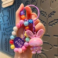 Süßer lila Acryl-Hasen Schlüsselanhänger mit bunten Perlen und Herz-Anhänger-Charms - Lila