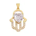 Golden Hamsa hand charm with large heart crystal and white cubic zirconia pave - M599107-clear / Clear