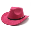 Détail du chapeau de cowboy magenta avec ceinture en cuir noir et boucle en métal argenté - M (56-59cm) / Rose Rouge (Daim)