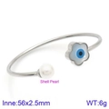 Open evil eye heart bangle with shell pearl and blue flower charm in silver finish - Flower Style (KB123076-K)