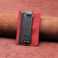Red and black leather phone card holder with wrist strap and yellow stitching - Red & Black