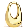 Elegant gold metal oval clutch bag with smooth polished finish and fine chain strap - Gold