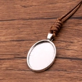 Antique silver oval pendant tray with brown PU cord for DIY jewelry crafting - Simple Textured Border Oval Style