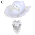 Cappello da cowboy bianco con corona di paillettes, piume e set bandana abbinato - Set 2 Pezzi Corona Piume Bianco