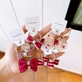 Detailed set of bow hair ties in velvet, gingham, and cherry print on white cards - 5 Pairs Set / Red