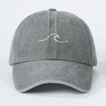 Unisex grey washed denim baseball cap with white wave embroidery for outdoor sun protection - Gray