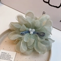 Light green fabric flower hair claw clip with white pearls and blue ribbon bow - Light Green Fabric Flower Clip (Style 14)